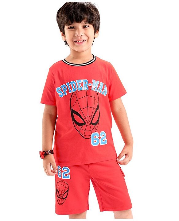 Babyhug Marvel Single Jersey Half Sleeves T-Shirt And Shorts Set With Spiderman Graphics - Red