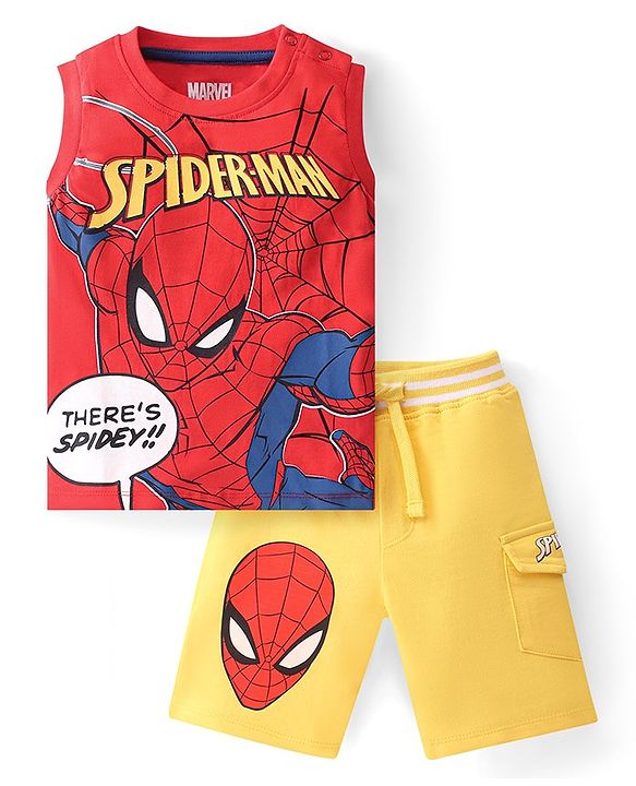 Babyhug Marvel Single Jersey Knit Sleeveless T-Shirt & Shorts With Spiderman Graphics - Red & Yellow