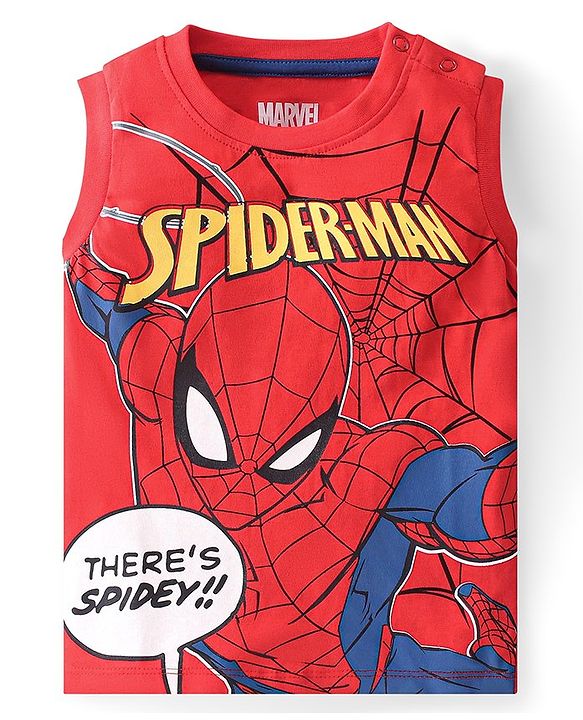 Babyhug Marvel Single Jersey Knit Sleeveless T-Shirt & Shorts With Spiderman Graphics - Red & Yellow