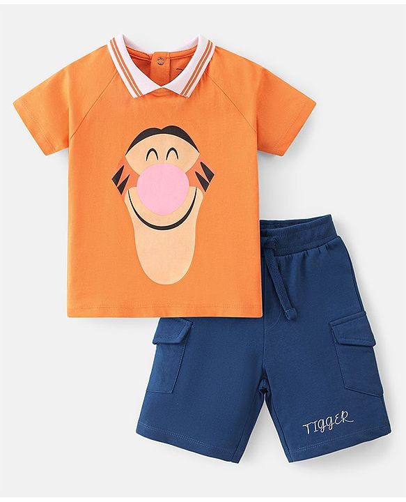 Babyhug Disney 100% Cotton Knit Single Jersey Half Sleeves T-Shirt & Shorts With Tigger Graphics - Orange & Navy Blue