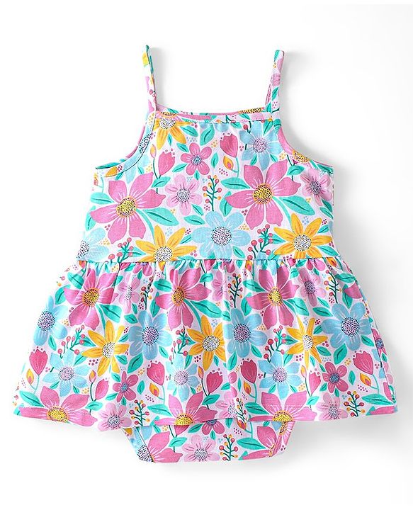 Babyhug 100% Cotton Knit Singlet Sleeves Floral Printed Frock Style Onesie - Multicolour