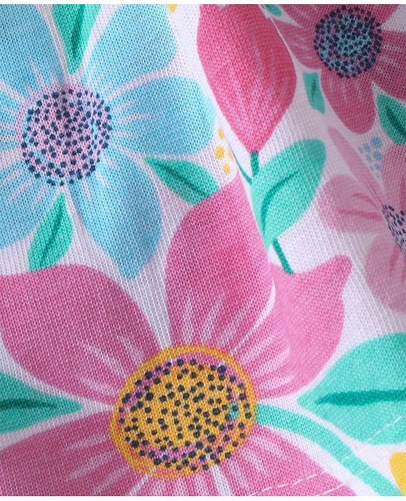 Babyhug 100% Cotton Knit Singlet Sleeves Floral Printed Frock Style Onesie - Multicolour