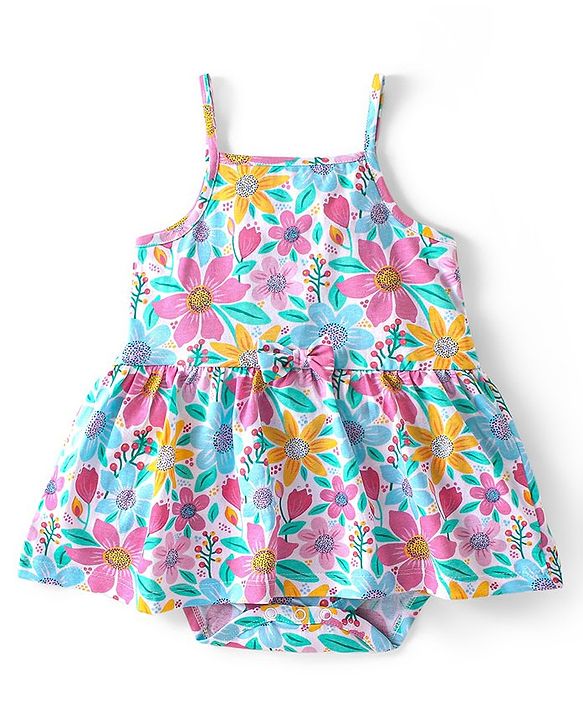 Babyhug 100% Cotton Knit Singlet Sleeves Floral Printed Frock Style Onesie - Multicolour