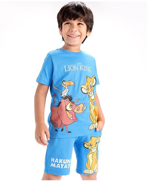 Babyhug Disney Single Jersey Knit Half Sleeves T-Shirt & Shorts With The Lion King Graphic - Blue