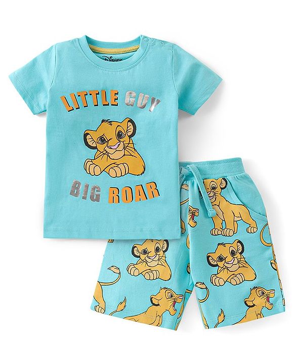 Babyhug Disney Single Jersey Knit Foil Print Half Sleeves T-Shirt & Shorts with Lion King Graphics - Sky Blue