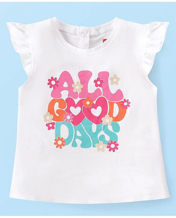Babyhug Cotton Knit Frill Sleeves  Top With Text Print - White