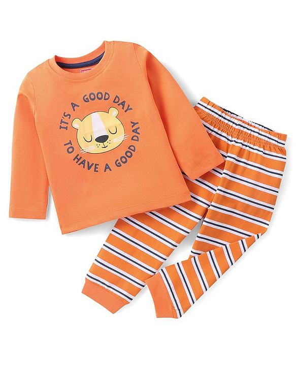 Babyhug Cotton Knit Full Sleeves Lion Printed Night Suit - Orange