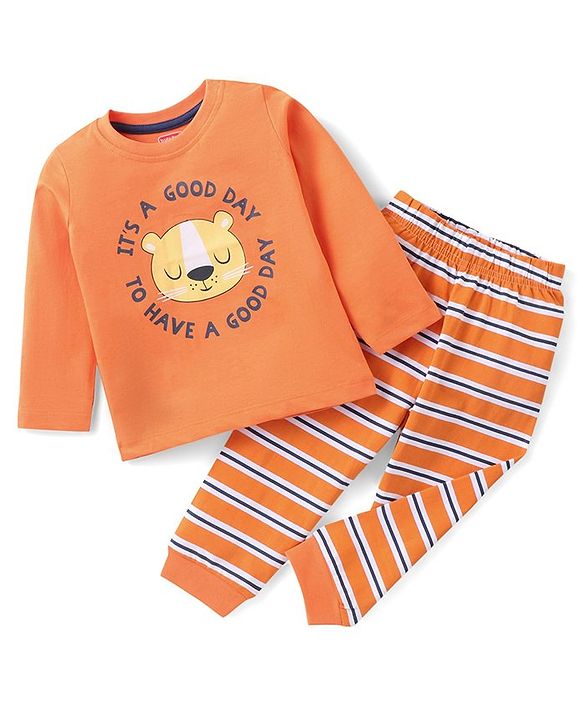 Babyhug Cotton Knit Full Sleeves Lion Printed Night Suit - Orange