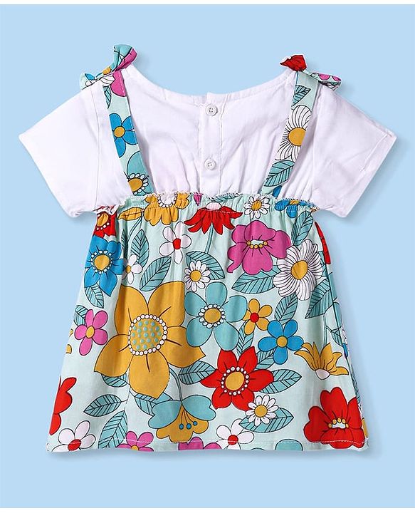 Babyhug Rayon Woven Half Sleeves Floral All Over Printed Top With Bow Applique - White