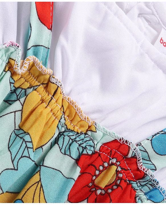 Babyhug Rayon Woven Half Sleeves Floral All Over Printed Top With Bow Applique - White