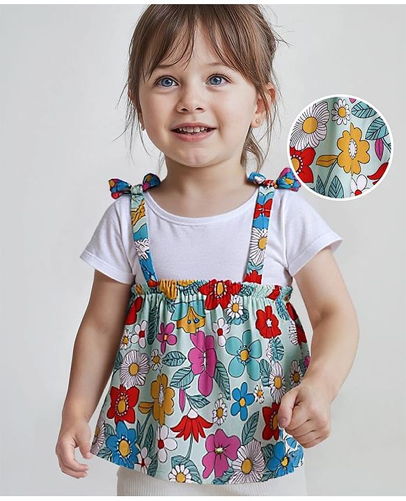Babyhug Rayon Woven Half Sleeves Floral All Over Printed Top With Bow Applique - White