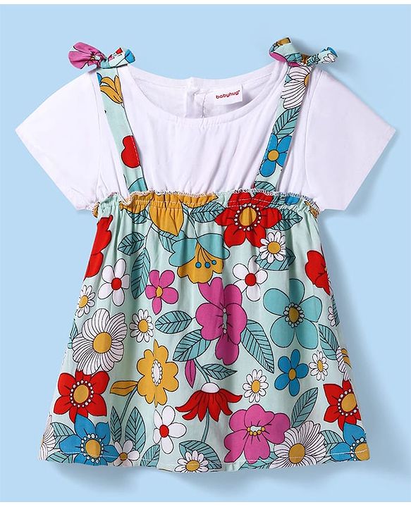 Babyhug Rayon Woven Half Sleeves Floral All Over Printed Top With Bow Applique - White