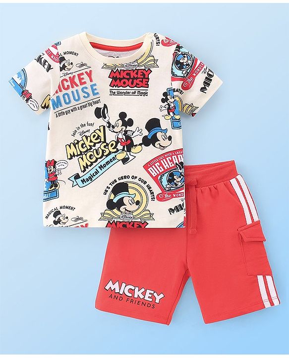 Babyhug Disney Single Jersey Knit Half Sleeves T-Shirt And Shorts Set With Mickey Mouse Family Print - Off White & Red
