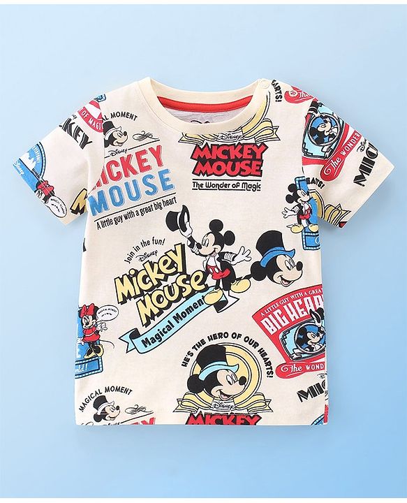 Babyhug Disney Single Jersey Knit Half Sleeves T-Shirt And Shorts Set With Mickey Mouse Family Print - Off White & Red