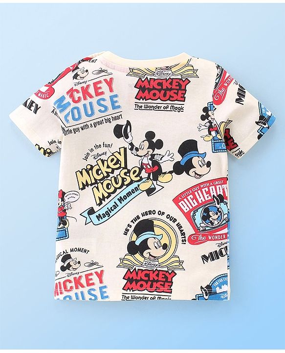 Babyhug Disney Single Jersey Knit Half Sleeves T-Shirt And Shorts Set With Mickey Mouse Family Print - Off White & Red