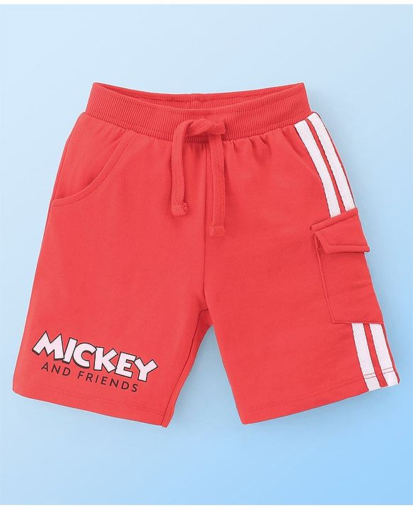 Babyhug Disney Single Jersey Knit Half Sleeves T-Shirt And Shorts Set With Mickey Mouse Family Print - Off White & Red