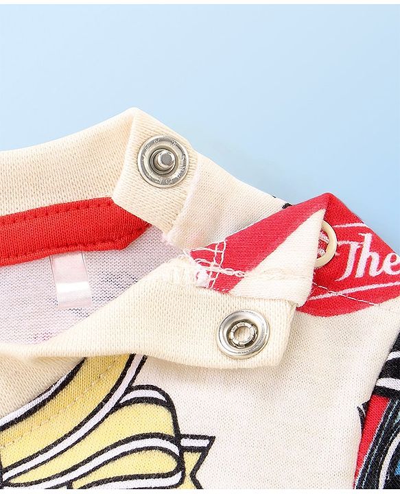 Babyhug Disney Single Jersey Knit Half Sleeves T-Shirt And Shorts Set With Mickey Mouse Family Print - Off White & Red