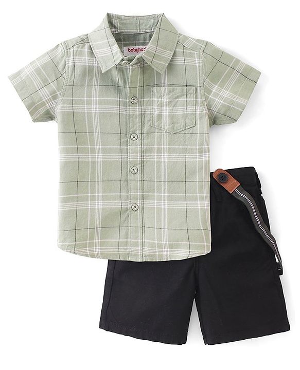 Babyhug 100% Cotton Woven Half Sleeves Checked Shirt & Shorts With  Suspender - Green & Black