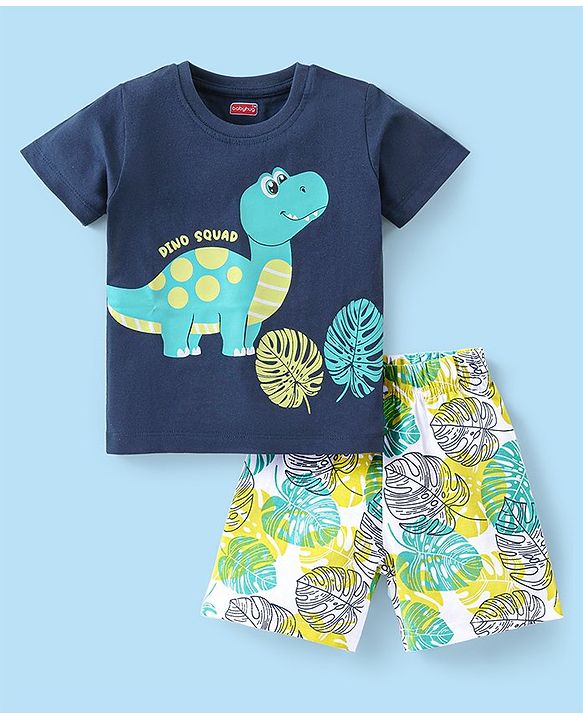 Babyhug Cotton Knit Half Sleeves Short Night Suit With Dino Print - Navy Blue
