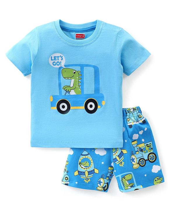 Babyhug Cotton Knit Half Sleeves Shorts Night Suit Dino Print - Blue