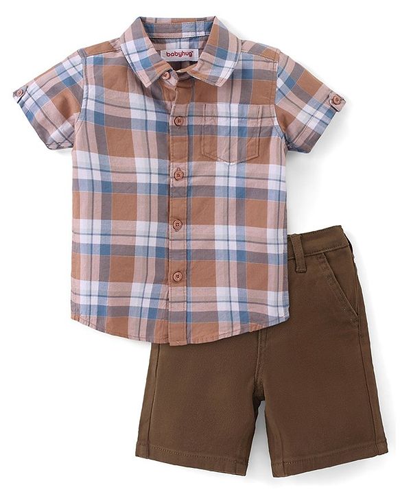 Babyhug 100% Cotton Woven Half Sleeves Checked Shirt & Shorts - Multicolor