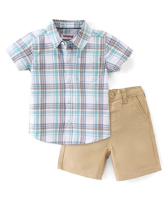 Babyhug 100% Cotton Woven Half Sleeves Checked Shirt & Shorts - Multicolor