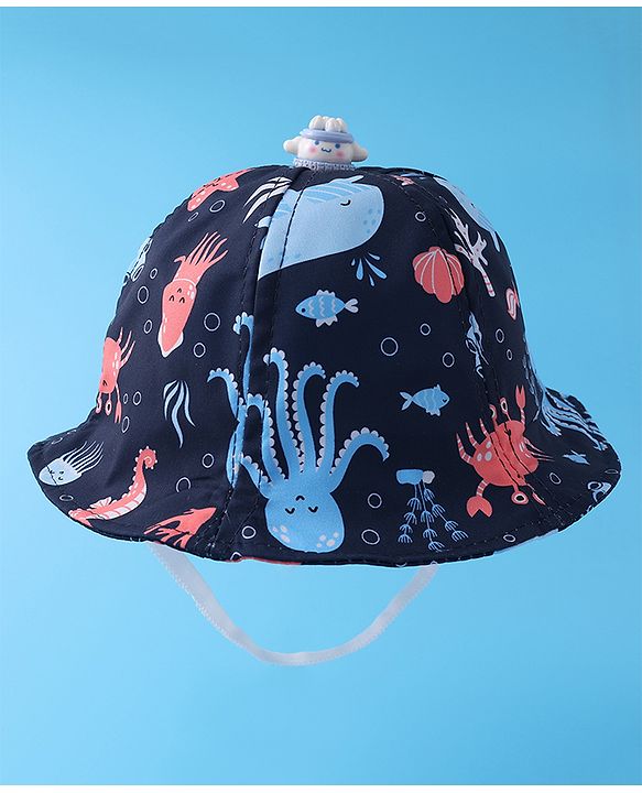 Babyhug Bucket Hat Aquatic Animal Print - Navy Blue