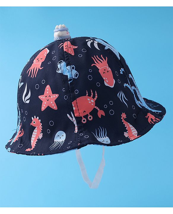 Babyhug Bucket Hat Aquatic Animal Print - Navy Blue