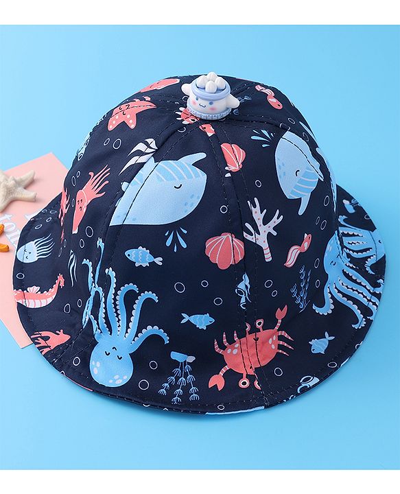 Babyhug Bucket Hat Aquatic Animal Print - Navy Blue