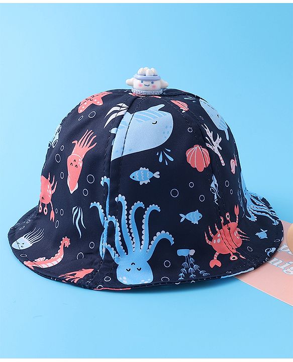 Babyhug Bucket Hat Aquatic Animal Print - Navy Blue