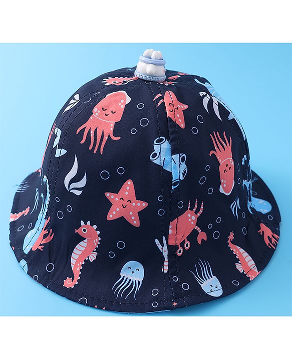 Babyhug Bucket Hat Aquatic Animal Print - Navy Blue