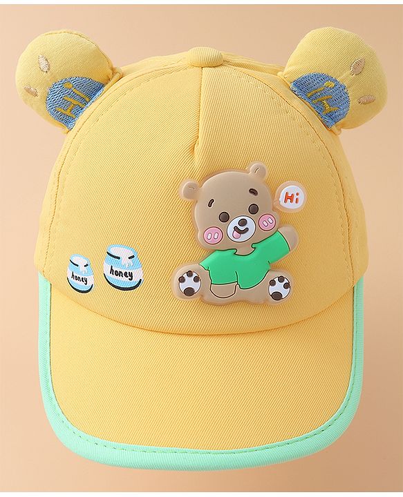 Babyhug Baseball Cap With Bear Applique-  Yellow
