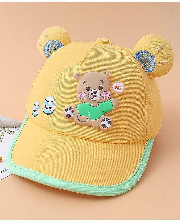 Babyhug Baseball Cap With Bear Applique-  Yellow