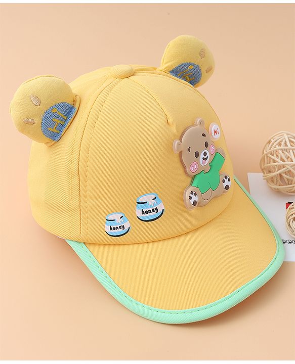 Babyhug Baseball Cap With Bear Applique-  Yellow