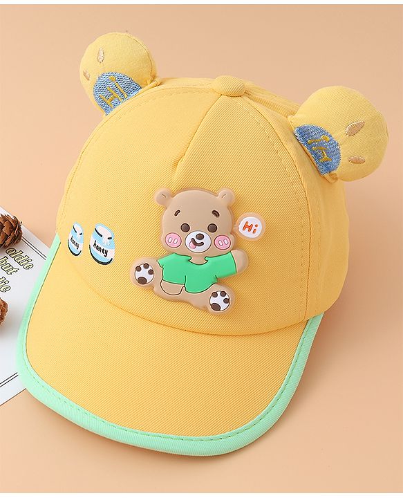 Babyhug Baseball Cap With Bear Applique-  Yellow