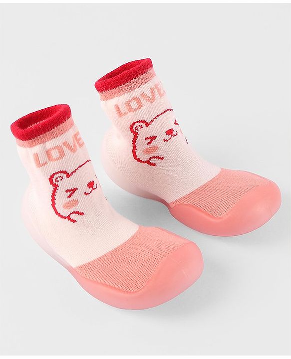 Cute Walk by Babyhug Slip On Socks Shoes Bear Print - Pink