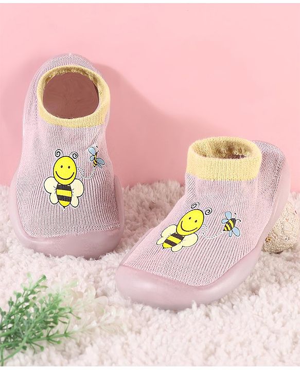 Cute Walk By Babyhug Socks Shoe With Honey Bee Print - Pink