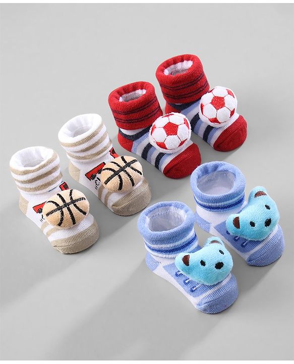 Cute Walk by Babyhug Ankle Length Striped Socks with Bear Applique Pack of 3 - Khaki Red & Blue
