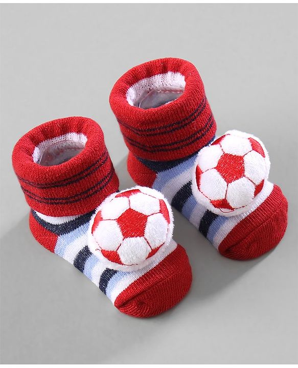 Cute Walk by Babyhug Ankle Length Striped Socks with Bear Applique Pack of 3 - Khaki Red & Blue