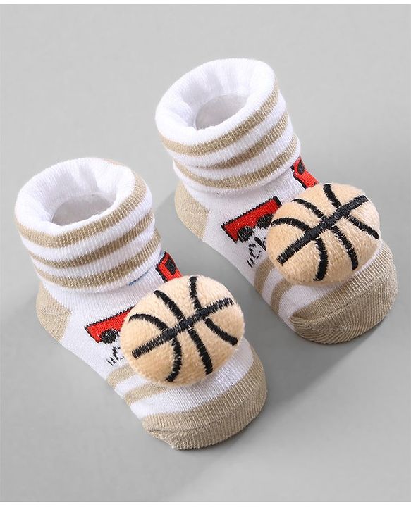 Cute Walk by Babyhug Ankle Length Striped Socks with Bear Applique Pack of 3 - Khaki Red & Blue