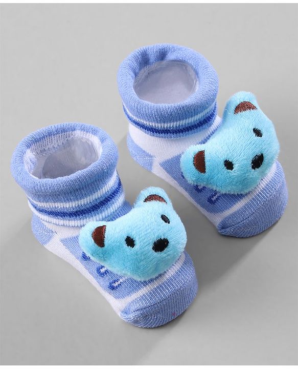 Cute Walk by Babyhug Ankle Length Striped Socks with Bear Applique Pack of 3 - Khaki Red & Blue