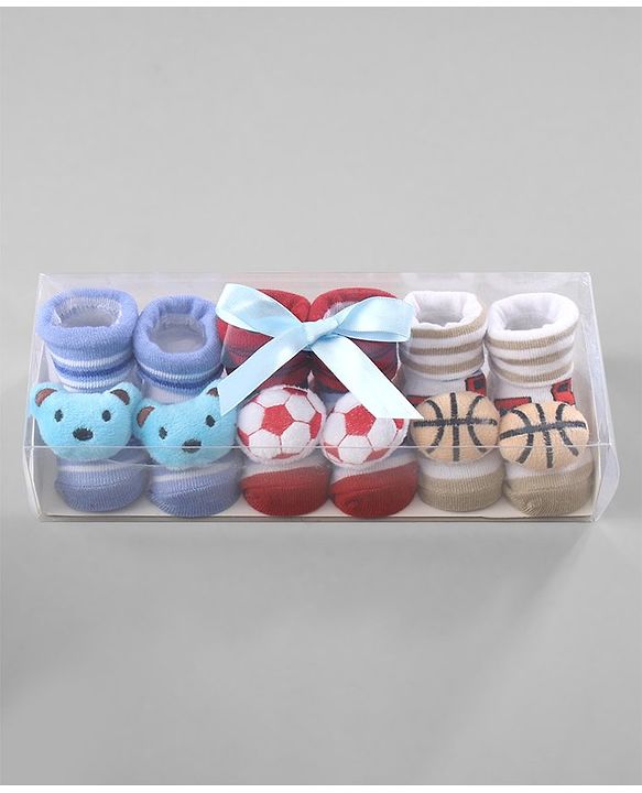 Cute Walk by Babyhug Ankle Length Striped Socks with Bear Applique Pack of 3 - Khaki Red & Blue