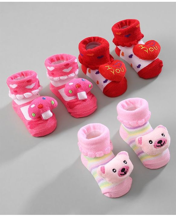 Cute Walk by Babyhug Ankle Length Socks with Bear Applique & Heart Design Pack of 3 - Red & Pink