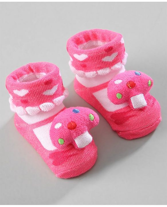 Cute Walk by Babyhug Ankle Length Socks with Bear Applique & Heart Design Pack of 3 - Red & Pink
