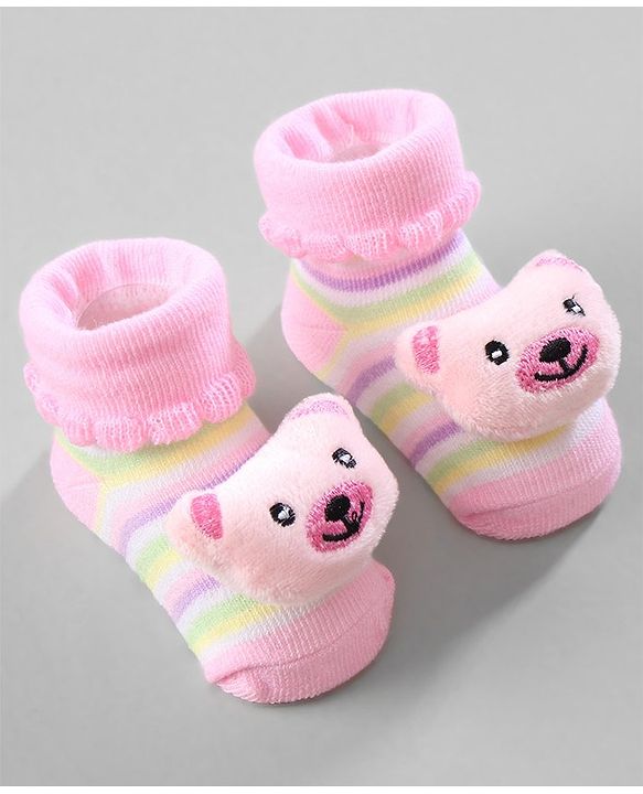 Cute Walk by Babyhug Ankle Length Socks with Bear Applique & Heart Design Pack of 3 - Red & Pink