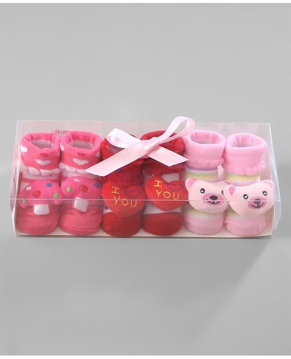 Cute Walk by Babyhug Ankle Length Socks with Bear Applique & Heart Design Pack of 3 - Red & Pink