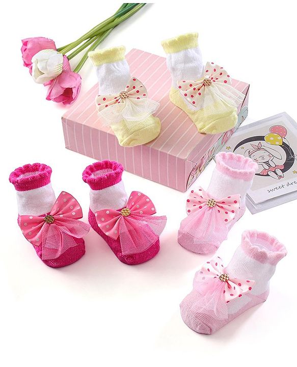 Cute Walk by Babyhug Ankle Length Socks with Bear Applique Pack of 3 - Yellow & Pink