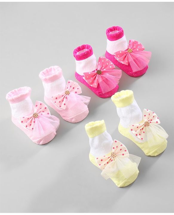 Cute Walk by Babyhug Ankle Length Socks with Bear Applique Pack of 3 - Yellow & Pink