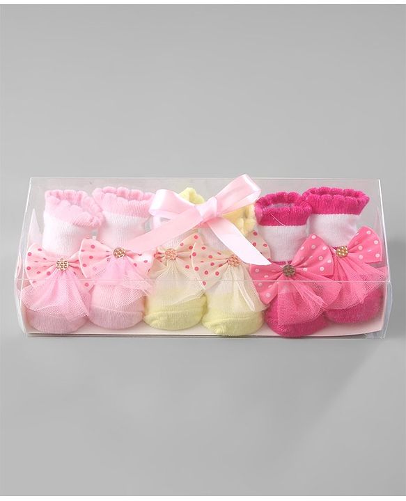 Cute Walk by Babyhug Ankle Length Socks with Bear Applique Pack of 3 - Yellow & Pink
