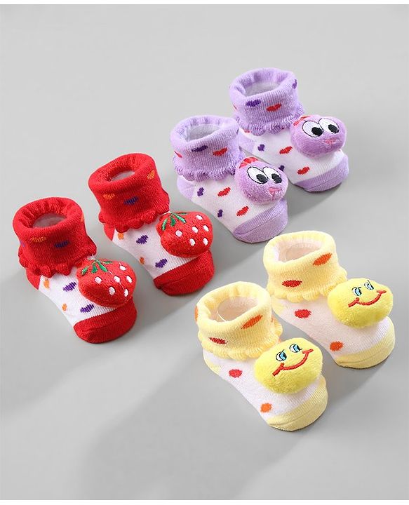 Cute Walk by Babyhug Ankle Length Socks Strawberry Applique Pack of 3 - Purple Red & Yellow